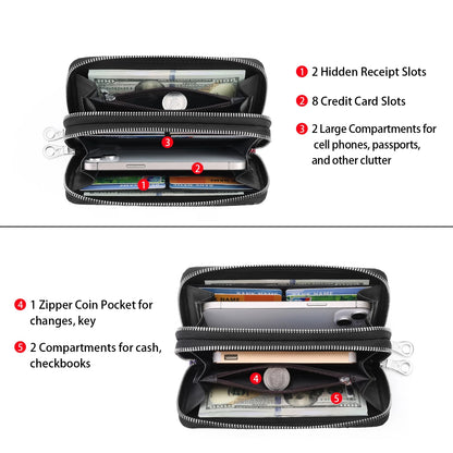 Floral Women'S Wallet Large Capacity Double Zip Ladies Card Phone Holder RFID Blocking Wristlet Leather with Gift Box
