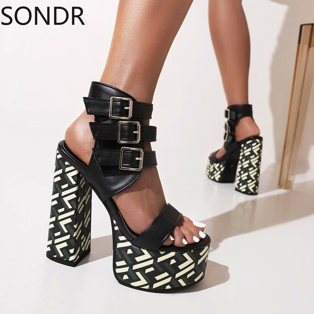 Womens Platform Peep Toe Belt Buckle Sandals Cut Out Super 15CM High Heel Shoes