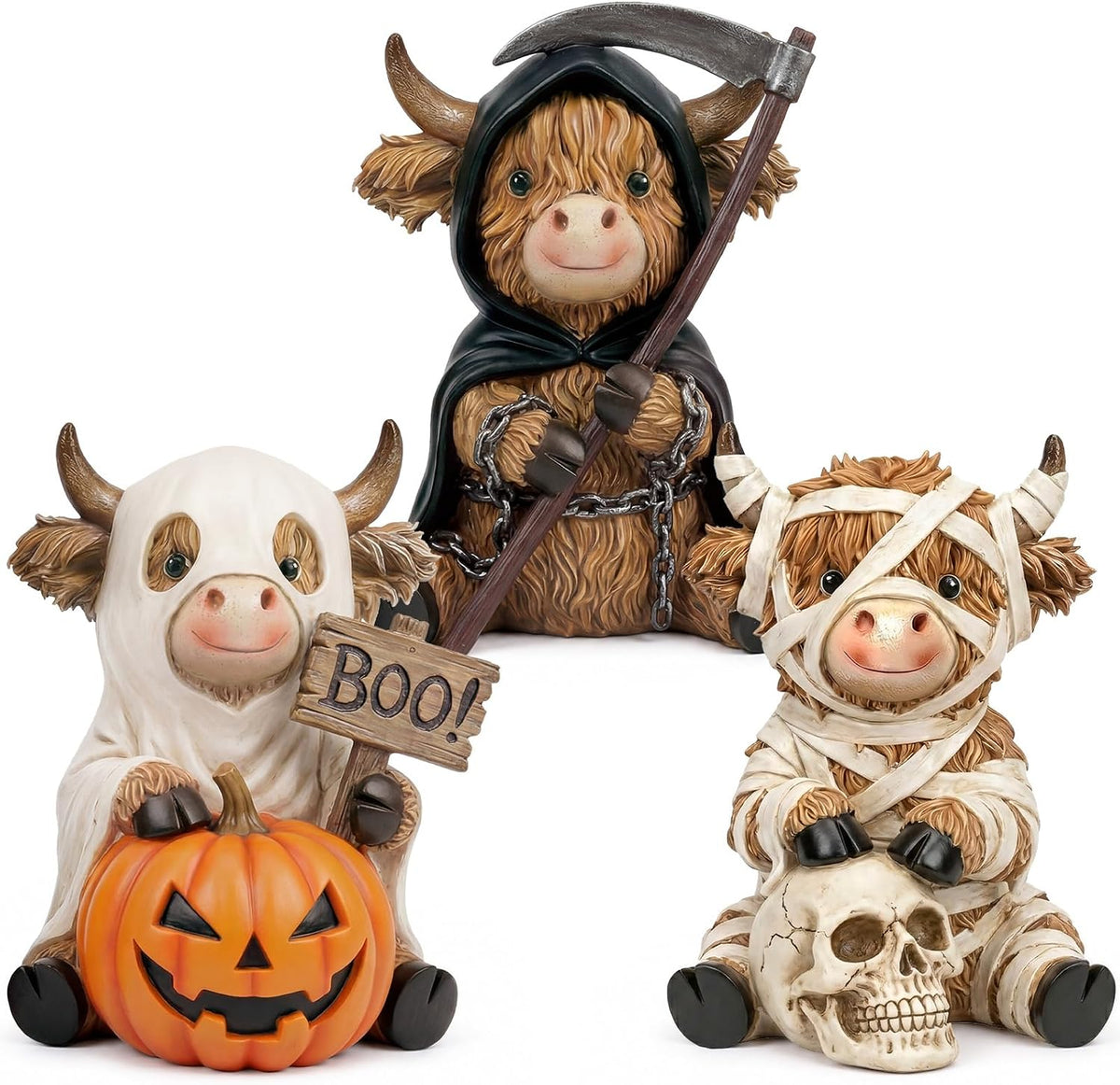 3 Pcs Halloween Highland Cow Figurines, Mummy Reaper Ghos Decor
