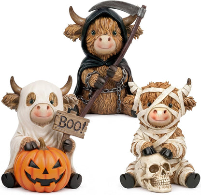3 Pcs Halloween Highland Cow Figurines, Mummy Reaper Ghos Decor