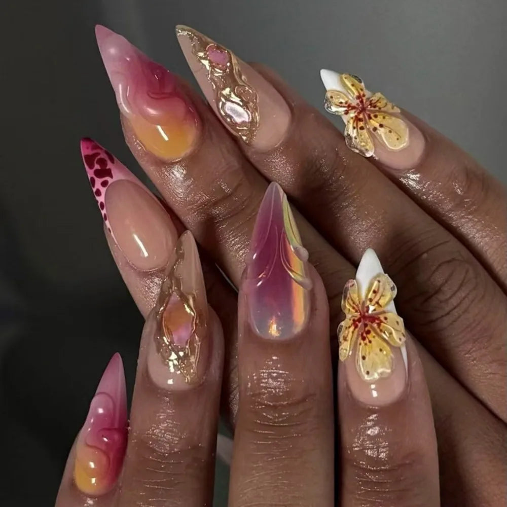 24Pcs Gradient Pink Fake Nails Long Almond False Nails with Pearl Sparkling Design Press on Nails Wearable Manicure Nail Tips