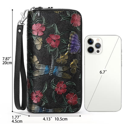 Floral Women'S Wallet Large Capacity Double Zip Ladies Card Phone Holder RFID Blocking Wristlet Leather with Gift Box