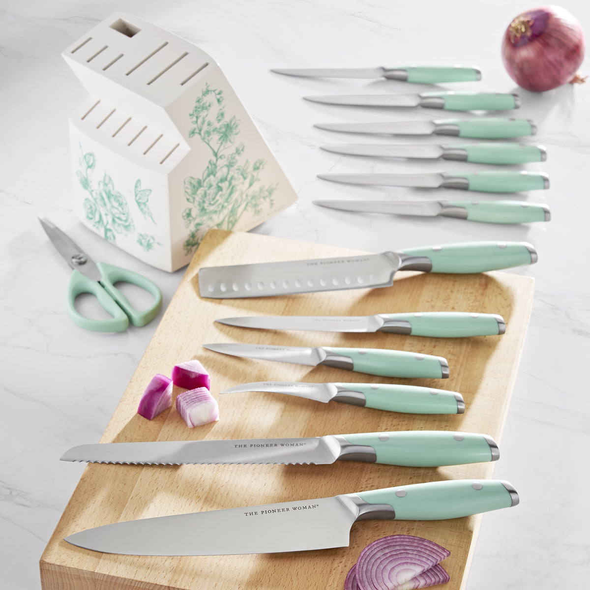 14 Pieces Knife Set with Decal Block Stainless Steel Knives, Forged, Green Agatha