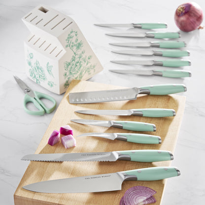14 Pieces Knife Set with Decal Block Stainless Steel Knives, Forged, Green Agatha