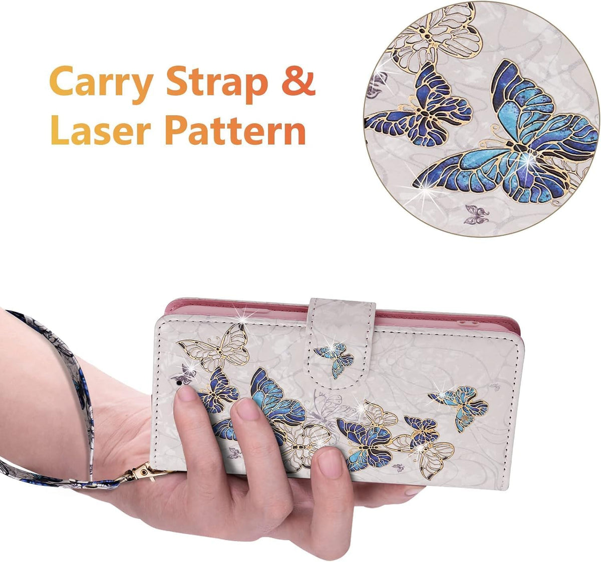 Wallet Case for Samsung Galaxy A15 4G/5G, PU Leather Phone Case Kickstand RFID Blocking Flip Case Card Slots Wrist Strap Relief Engraved Pattern Magnetic Closure Folio Case - Blue Butterfly