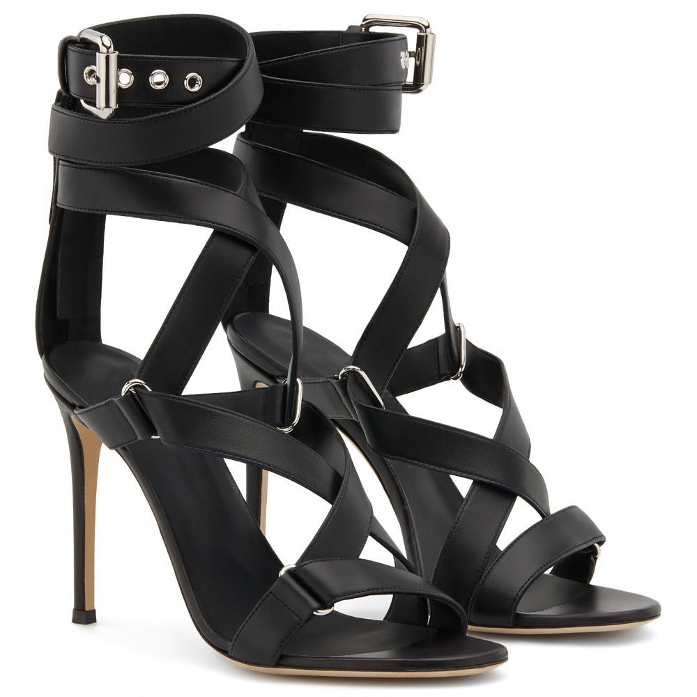 Black Pu Buckle Fish Eye Cross Strap With Back Zipper Slim High Heel Sandals