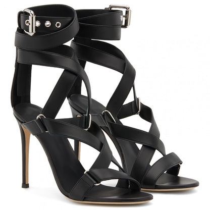 Black Pu Buckle Fish Eye Cross Strap With Back Zipper Slim High Heel Sandals