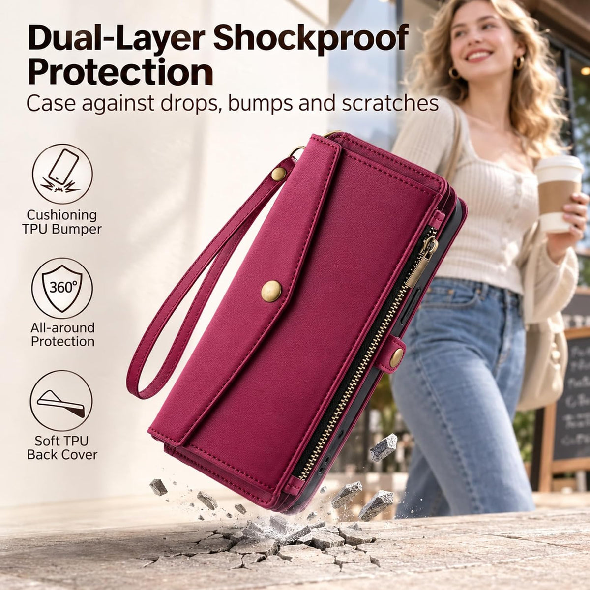 Wallet Case for Iphone 16 Pro Max Red with Card Holder & Strap