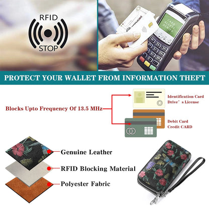 Floral Women'S Wallet Large Capacity Double Zip Ladies Card Phone Holder RFID Blocking Wristlet Leather with Gift Box
