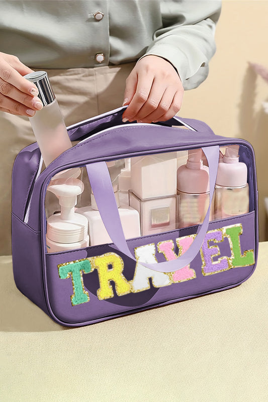 Purple TRAVEL Chenille Letter Clear PVC Makeup Bag