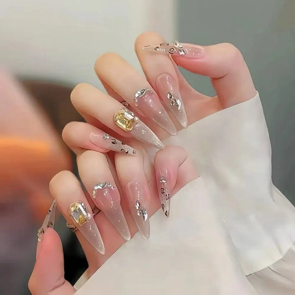24Pcs Gradient Pink Fake Nails Long Almond False Nails with Pearl Sparkling Design Press on Nails Wearable Manicure Nail Tips