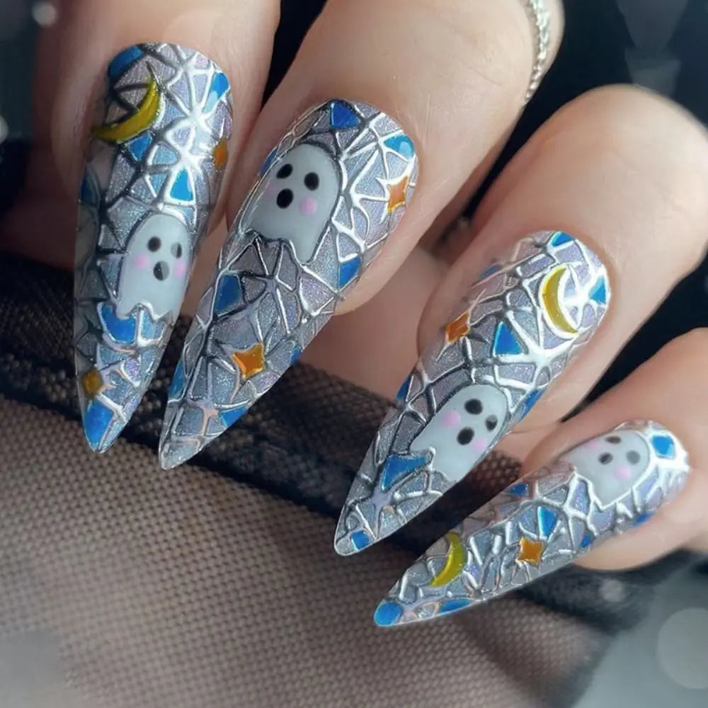 24Pc Halloween False Nails Long Almond Fake Nails Sharp Nail French Ballerina Diamond Press on Nails Artificial Nail Enhancement