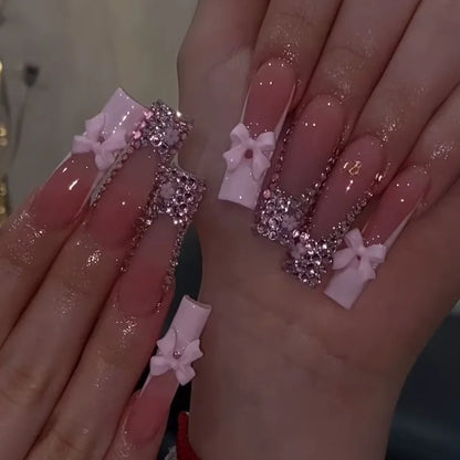 24Pcs Rhinestones Press on Nails Art Datachable Glitter French Acrylic Nails Tip Flower Long Square Fake Nail Pink False Nails