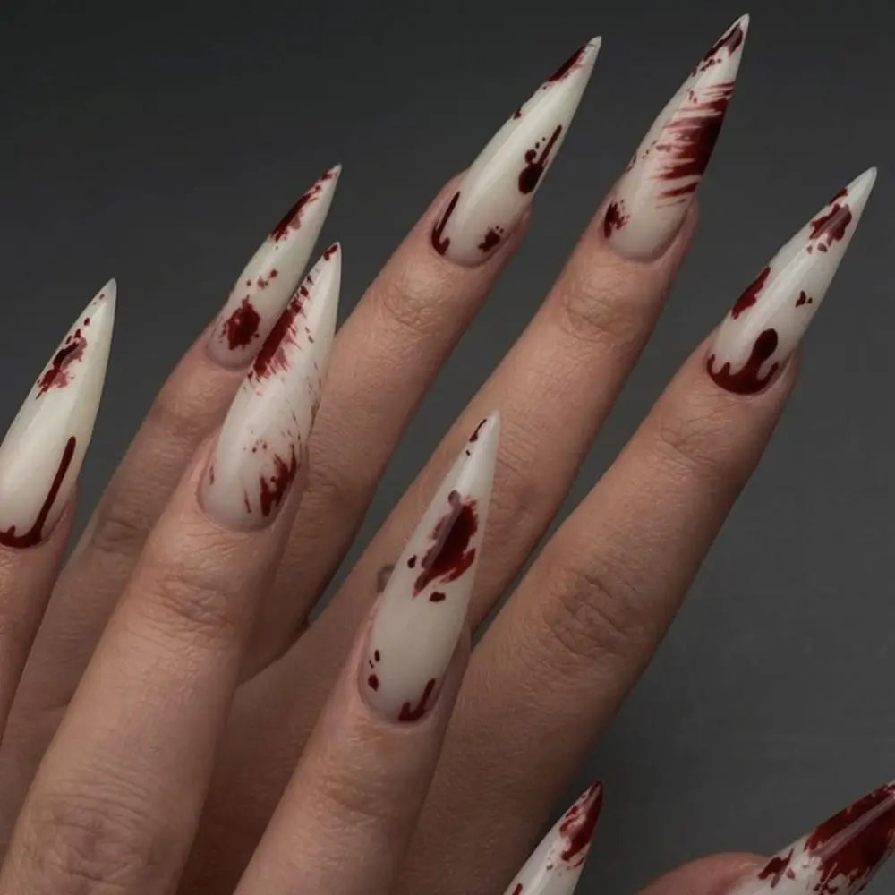 24Pc Halloween False Nails Long Almond Fake Nails Sharp Nail French Ballerina Diamond Press on Nails Artificial Nail Enhancement