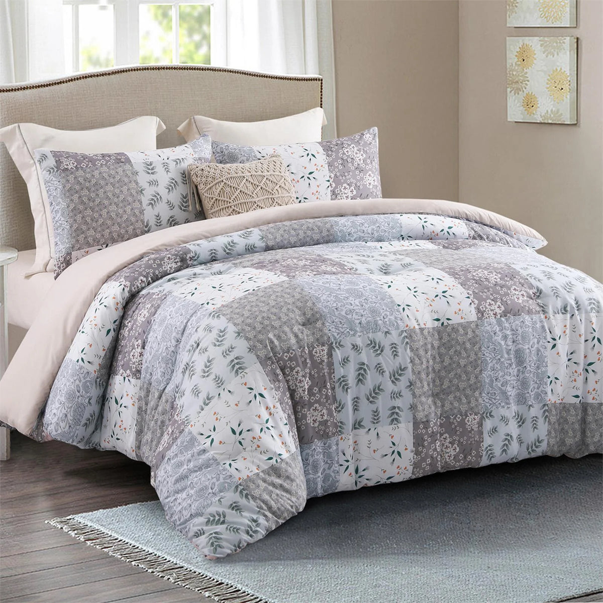 3-Piece King Comforter Set, Soft Reversible Bedding Comforter Sets, Patchwork Printed down Alternative Comforter Duvet for All Seasons, Grey