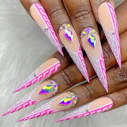 24Pc Halloween False Nails Long Almond Fake Nails Sharp Nail French Ballerina Diamond Press on Nails Artificial Nail Enhancement