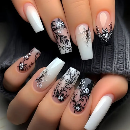 24Pcs Long French Fake Nails with Glue Ballet False Nails Butterfly Rhinestone Design Press on Nails Wearable Coffin Nail Tips