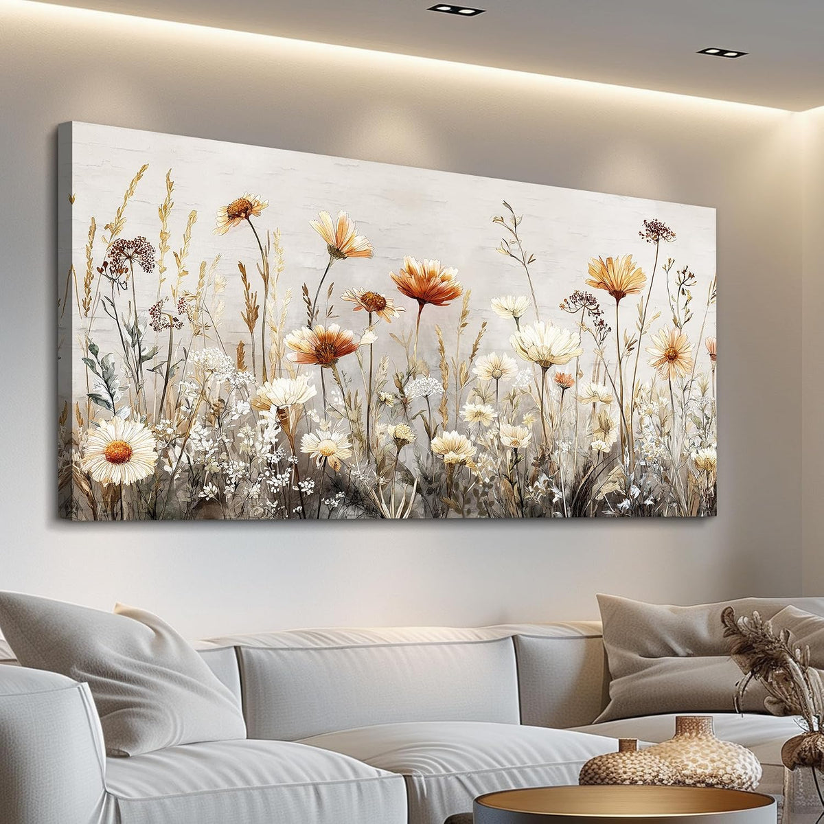 Canvas Wall Art for Living Room Wall Decor for Bedroom Office Wall Decoration Neutral Wildflower Landscape Painting Farmhouse Pictures Artwork Room Aesthetic Home Decor 20X40 In