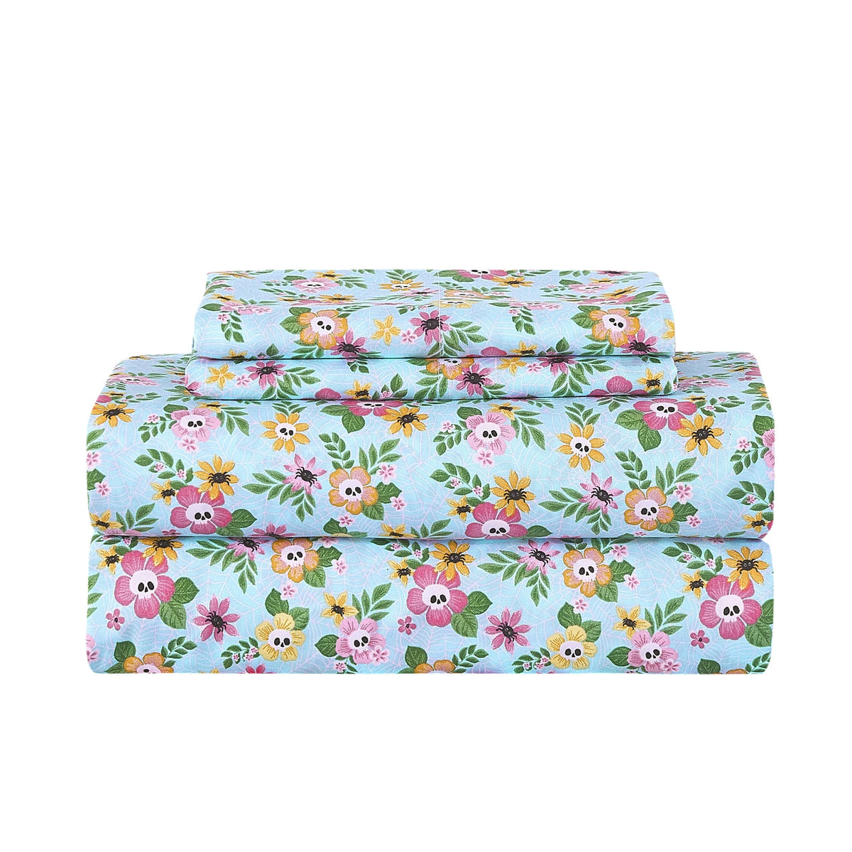 Summerween Soft Microfiber Sheet Set, 4- Piece, Floral Skulls, Full