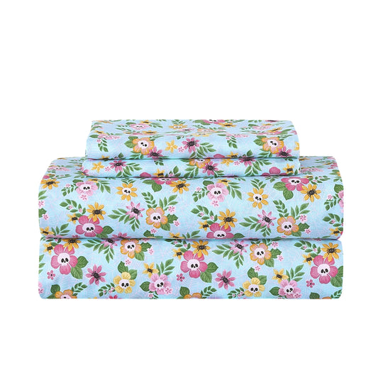 Summerween Soft Microfiber Sheet Set, 4- Piece, Floral Skulls, Full