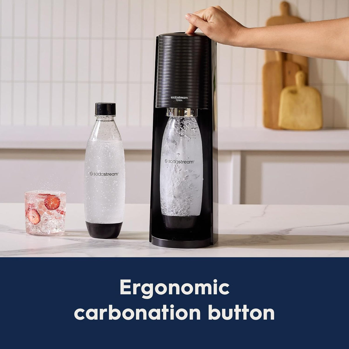 Sodastream TERRA Sparkling Water Maker, Starter Kit, CQC CO2 System, Includes 1 Quick Connect 60L CO2 Cylinder, 1 Dishwasher Safe BPA Free Bottle, 1 Bubly Lime Drop, Make Your Own Pepsi, Black
