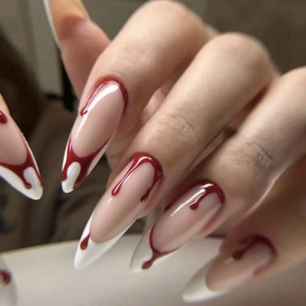24Pc Halloween False Nails Long Almond Fake Nails Sharp Nail French Ballerina Diamond Press on Nails Artificial Nail Enhancement