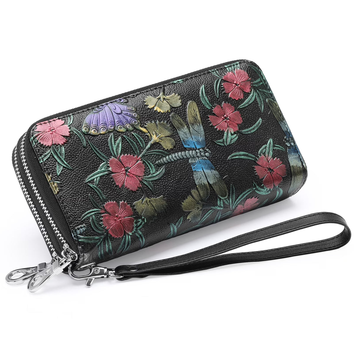 Floral Women'S Wallet Large Capacity Double Zip Ladies Card Phone Holder RFID Blocking Wristlet Leather with Gift Box