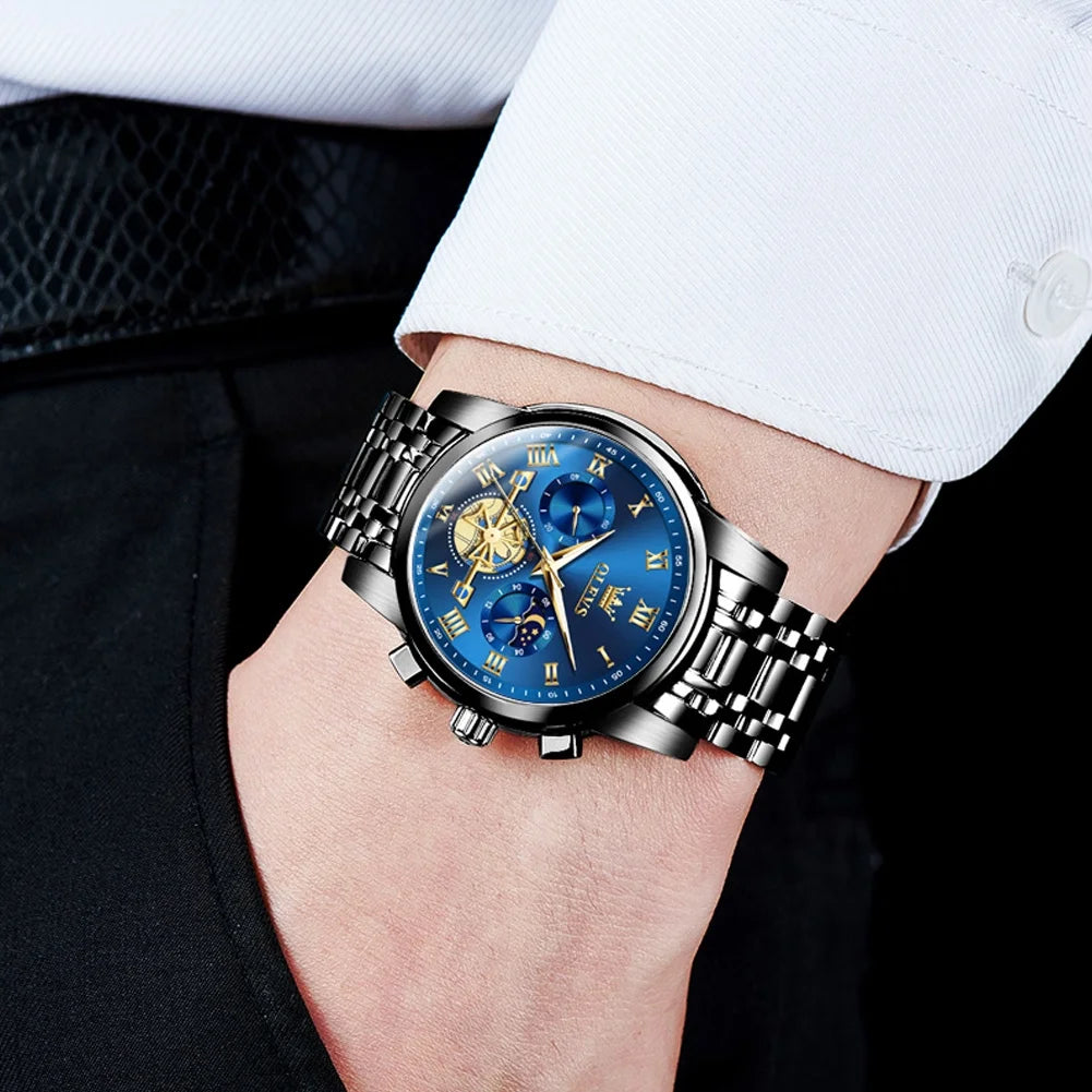 Mens Watches Chronograph Business Dress Quartz Stainless Steel Waterproof Luminous Date Wrist Watch for Men Blue Dial