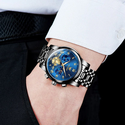 Mens Watches Chronograph Business Dress Quartz Stainless Steel Waterproof Luminous Date Wrist Watch for Men Blue Dial