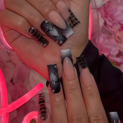 24Pcs Long French Fake Nails with Glue Ballet False Nails Butterfly Rhinestone Design Press on Nails Wearable Coffin Nail Tips