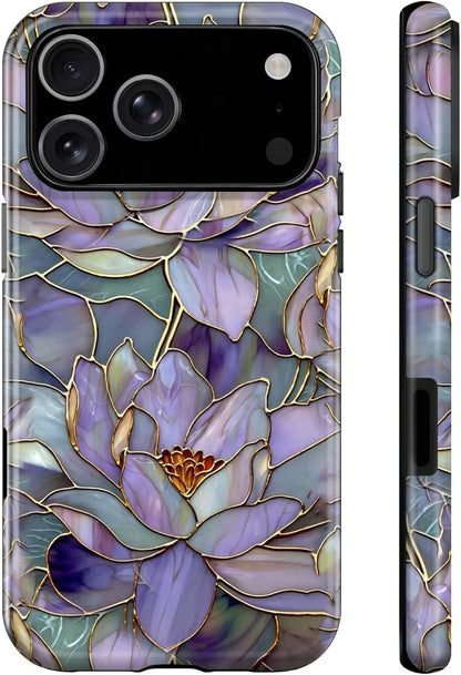 For Iphone 17 Pro Max Case,With Cute Wildflower Design,Dual Layer Soft TPU Hard PC Bumper Case,Protective Phone Cover for Women Girls- Stained Glass-Style Lotus Flowers