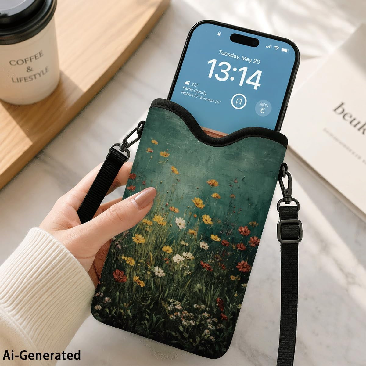 Neoprene Cell Phone Sleeve Pouch Case Bag with Crossbody Strap for Women Men, 7.1X3.9 In, Shockproof Phone Bag with Neck Lanyard, Fits Most Phones, Dark Meadow Floral