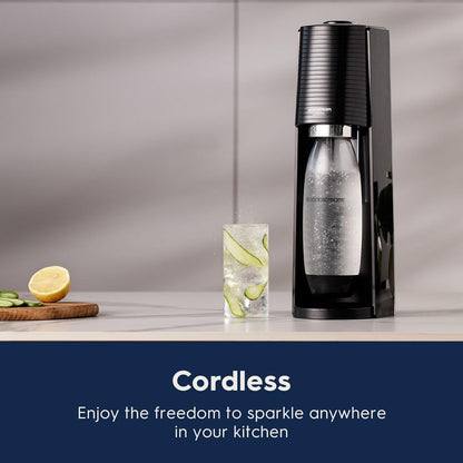 Sodastream TERRA Sparkling Water Maker, Starter Kit, CQC CO2 System, Includes 1 Quick Connect 60L CO2 Cylinder, 1 Dishwasher Safe BPA Free Bottle, 1 Bubly Lime Drop, Make Your Own Pepsi, Black