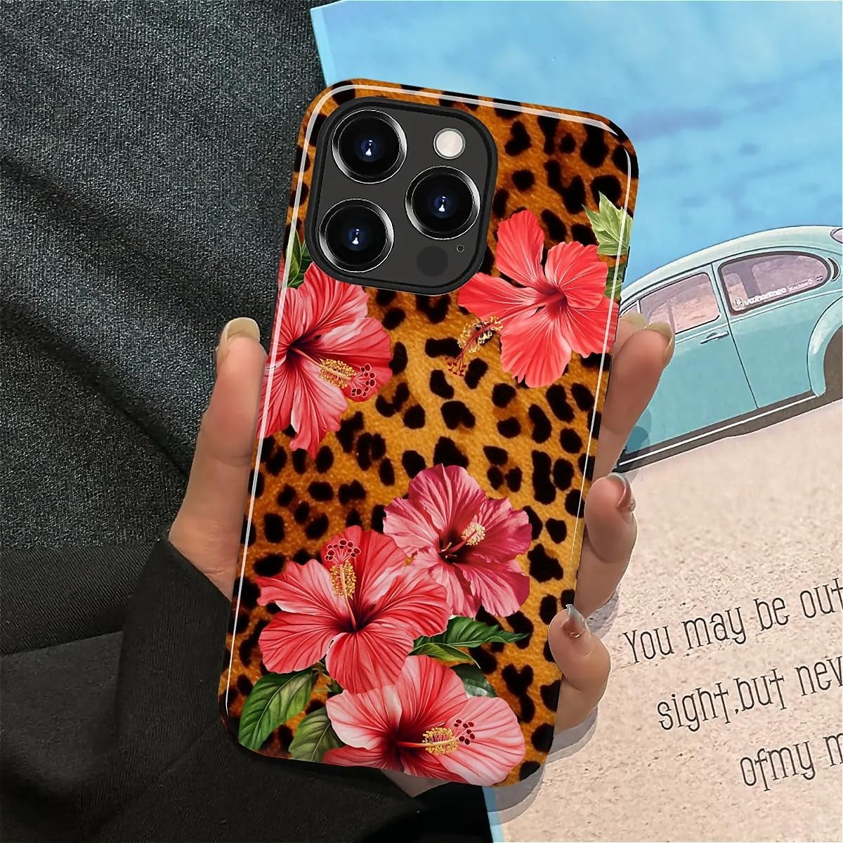 Case for Iphone 15 Pro Max, Hybrid Heavy Duty 2 in 1 Full Body Rugged Shockproof Protection Glossy Case for Iphone 15 Pro Max - Leopard Tropical Beachy Floral