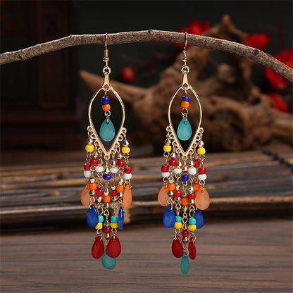 Essencedelight Crystal Beaded Tassel Earring Long Beaded Dangle Earring Fringe Hook Earring for Women Bridal Wedding