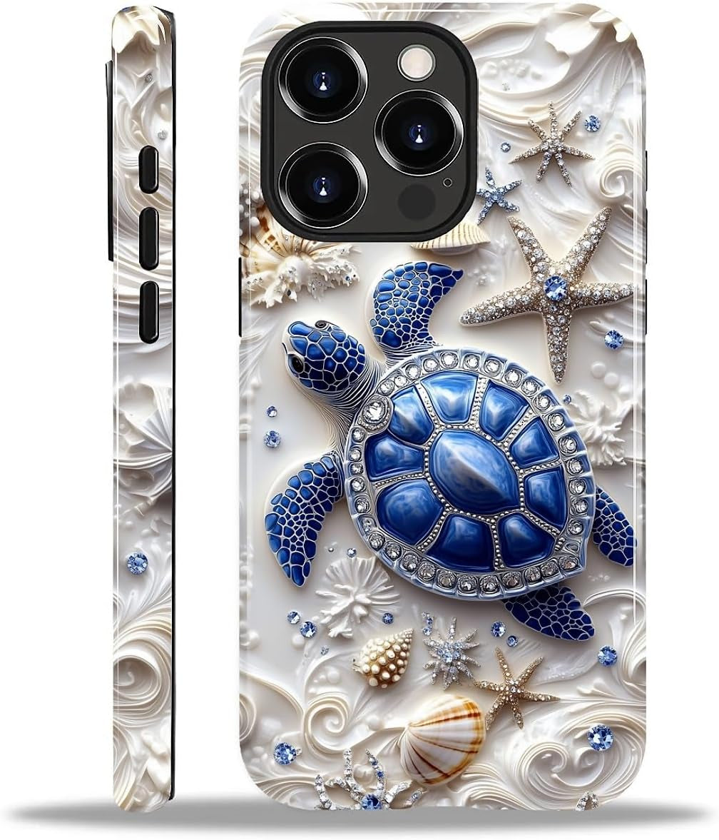 Case for Iphone 15 Pro Max, Hybrid Heavy Duty 2 in 1 Full Body Rugged Shockproof Protection Glossy Case for Iphone 15 Pro Max - Sea Turtle Starfish Ocean