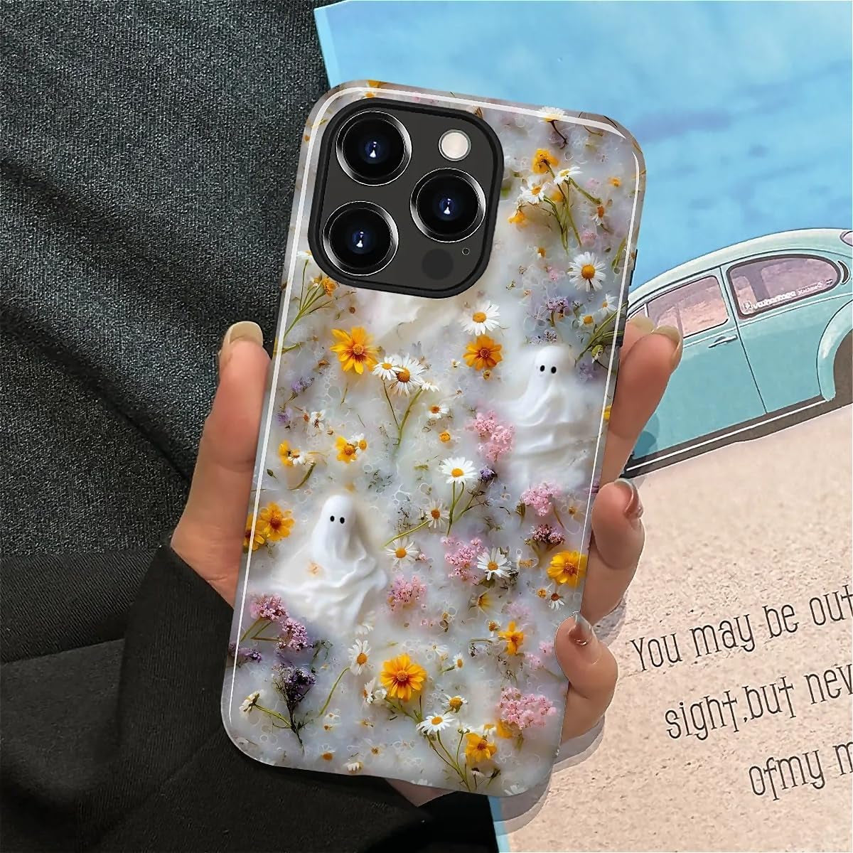 Case for Iphone 13 Pro,Shockproof Hard Shell + Soft Silicone 2 in 1 Hybrid,Shockproof Bumper Drop Protective - Ghost Floral Halloween