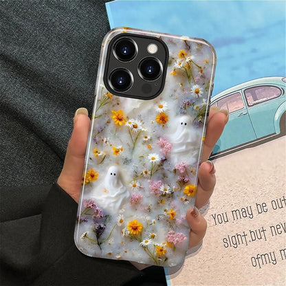 Case for Iphone 13 Pro,Shockproof Hard Shell + Soft Silicone 2 in 1 Hybrid,Shockproof Bumper Drop Protective - Ghost Floral Halloween