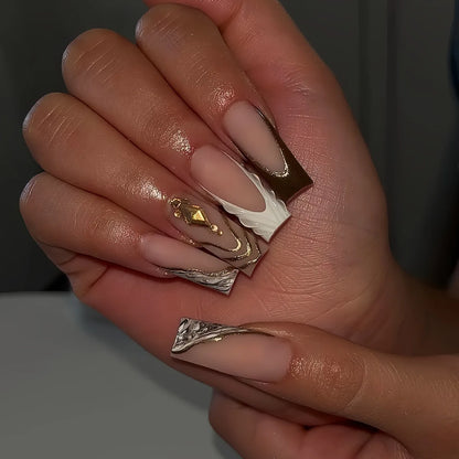 24Pcs Long French Fake Nails with Glue Ballet False Nails Butterfly Rhinestone Design Press on Nails Wearable Coffin Nail Tips