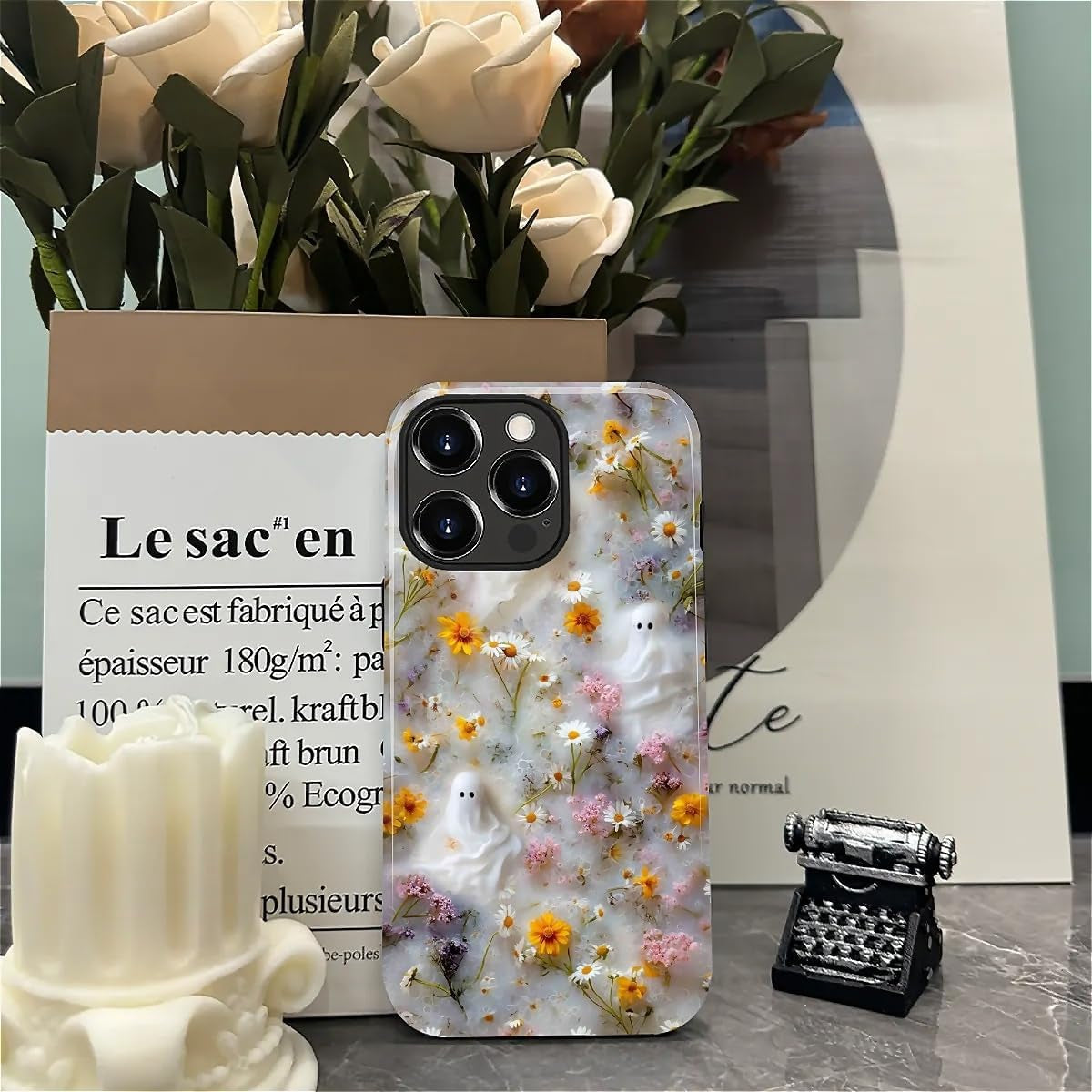 Case for Iphone 13 Pro,Shockproof Hard Shell + Soft Silicone 2 in 1 Hybrid,Shockproof Bumper Drop Protective - Ghost Floral Halloween