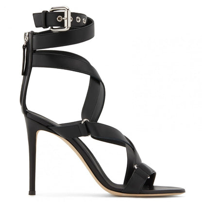 Black Pu Buckle Fish Eye Cross Strap With Back Zipper Slim High Heel Sandals