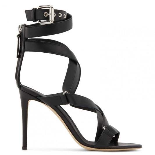 Black Pu Buckle Fish Eye Cross Strap With Back Zipper Slim High Heel Sandals