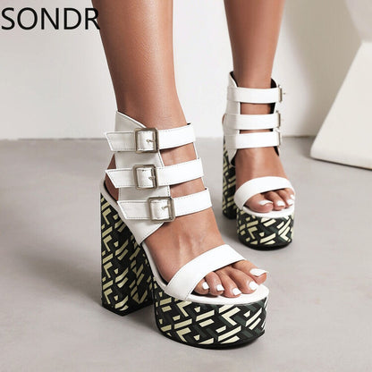 Womens Platform Peep Toe Belt Buckle Sandals Cut Out Super 15CM High Heel Shoes