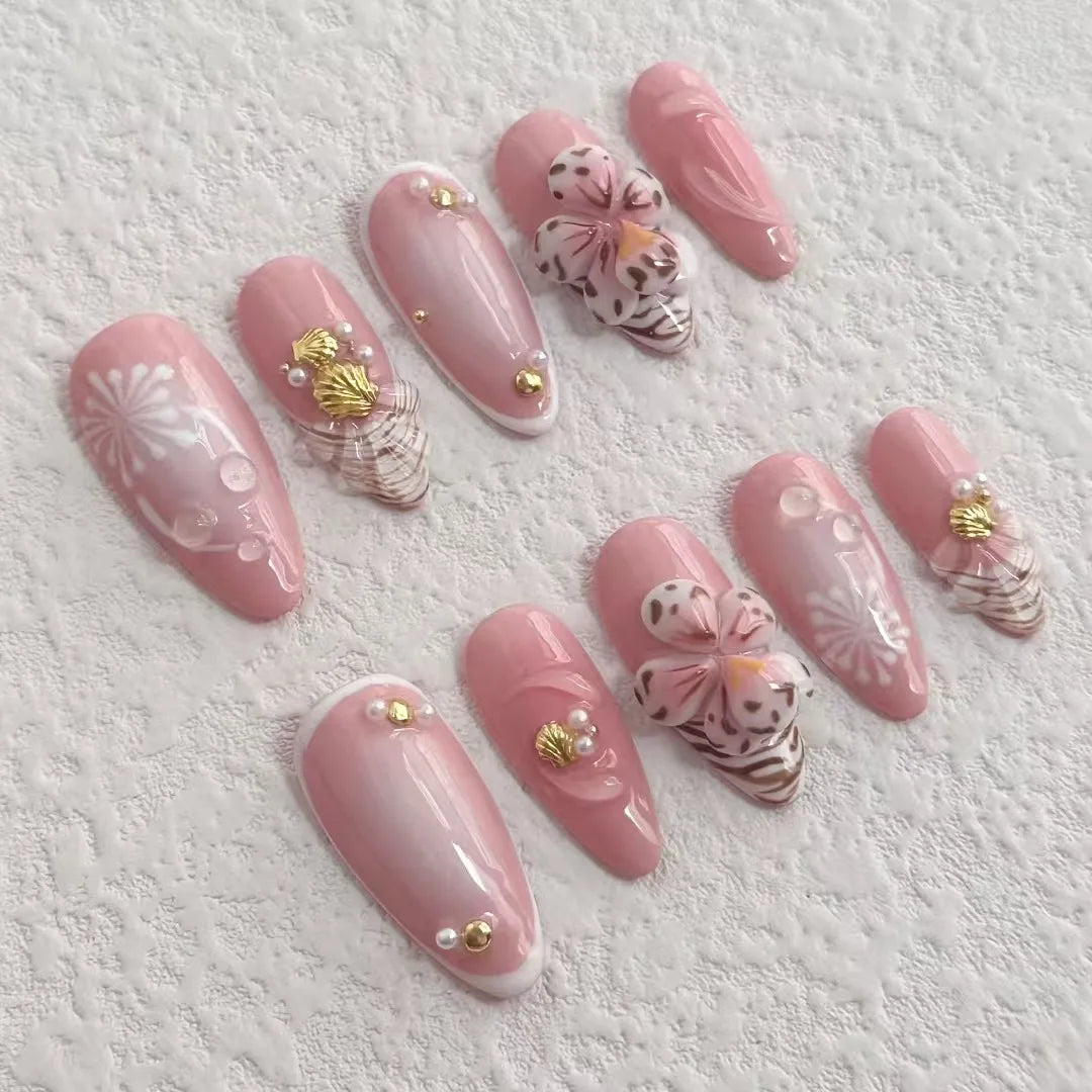 10 Pcs Press on Nails Handmade Nials INS Y2K Best Seller Fake Nails with Nails File Pink 3D Flower Press on New