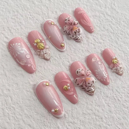 10 Pcs Press on Nails Handmade Nials INS Y2K Best Seller Fake Nails with Nails File Pink 3D Flower Press on New