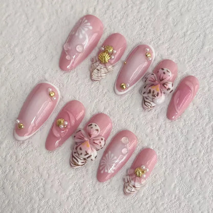 10 Pcs Press on Nails Handmade Nials INS Y2K Best Seller Fake Nails with Nails File Pink 3D Flower Press on New