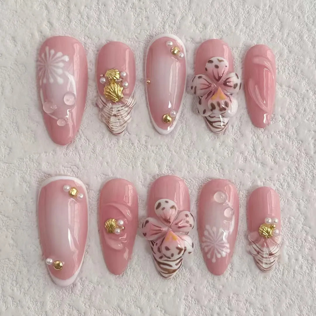10 Pcs Press on Nails Handmade Nials INS Y2K Best Seller Fake Nails with Nails File Pink 3D Flower Press on New