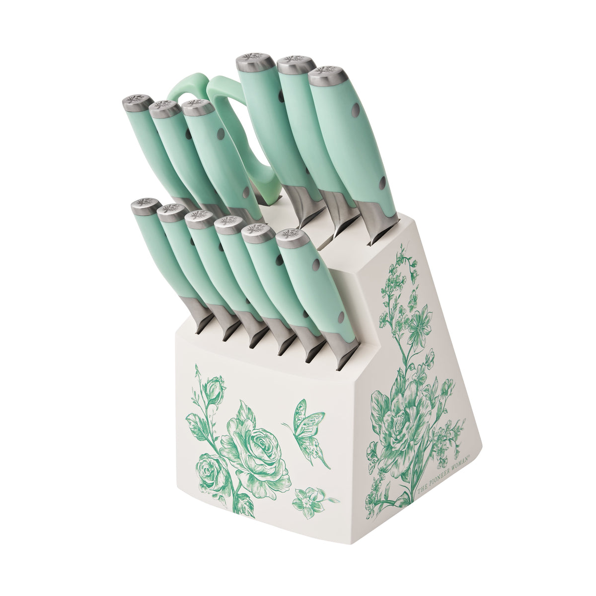 14 Pieces Knife Set with Decal Block Stainless Steel Knives, Forged, Green Agatha