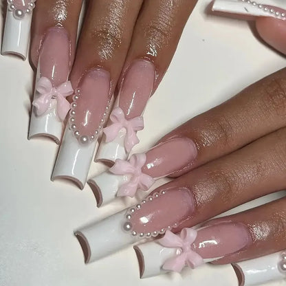 24Pcs Long French Fake Nails with Glue Ballet False Nails Butterfly Rhinestone Design Press on Nails Wearable Coffin Nail Tips