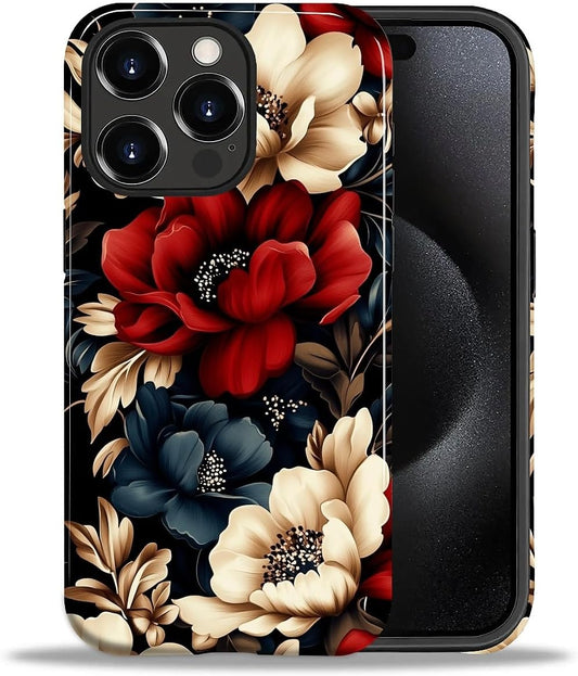 Case for Iphone 15 Pro,Shockproof Hard Shell + Soft Silicone 2 in 1 Hybrid,Shockproof Bumper Drop Protective - Black Red Flowers